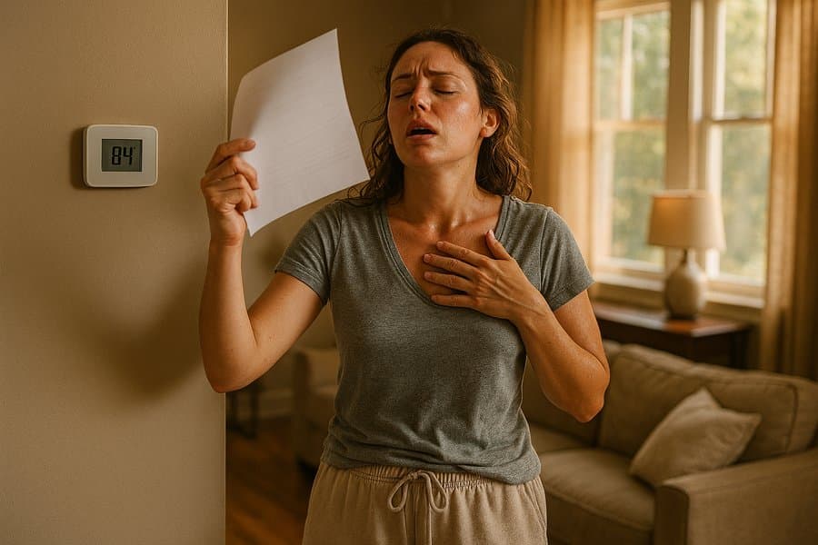 Homeowner fanning herself near thermostat showing 84 degrees in hot Huntsville Alabama home