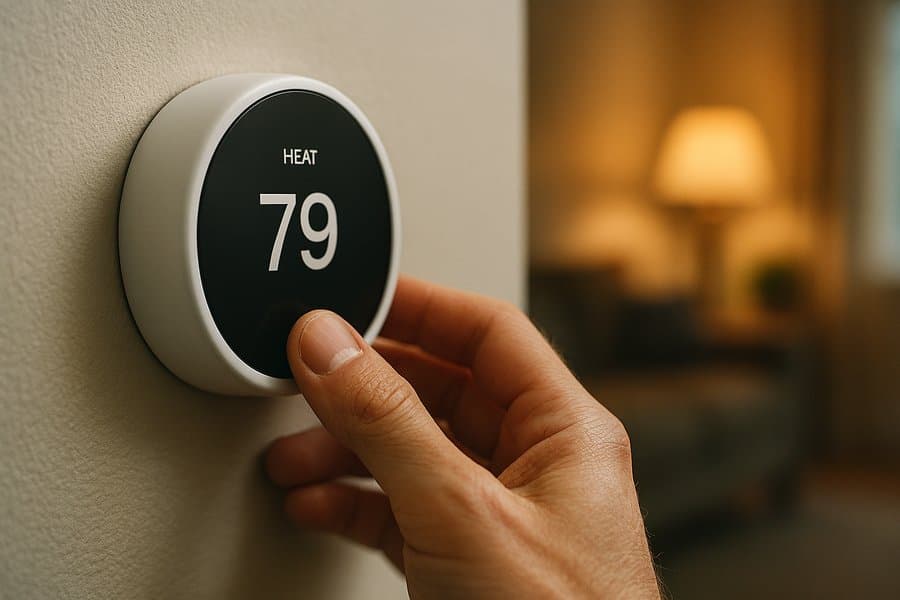 Homeowner touching thermostat showing warm indoor temperature in Huntsville Alabama home