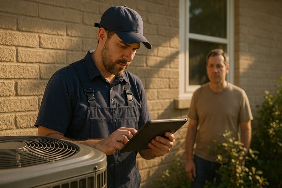 HVAC technician reviewing repair quote with homeowner at residential property in Huntsville Alabama