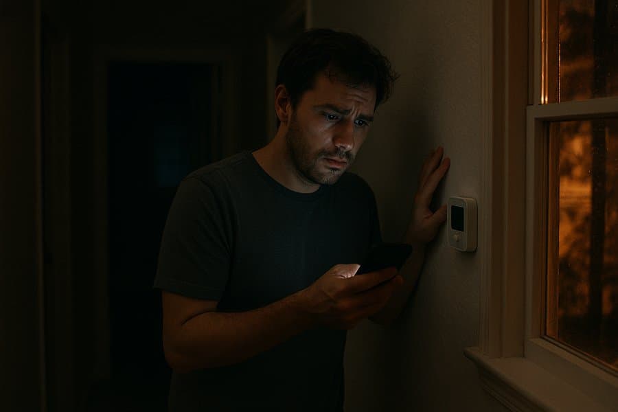 Homeowner checking phone at night during HVAC emergency in Huntsville, Alabama