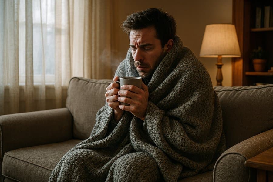 Homeowner bundled in blanket on couch during winter heating failure in Huntsville, Alabama