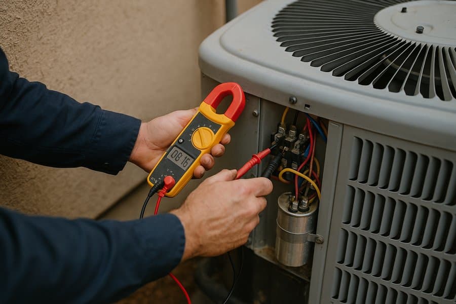 HVAC technician testing electrical components on outdoor AC unit in Huntsville, Alabama