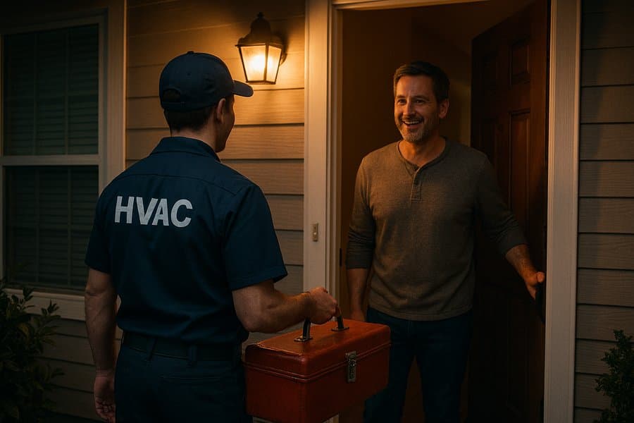 HVAC technician arriving at residential home at night for emergency call in Huntsville, Alabama