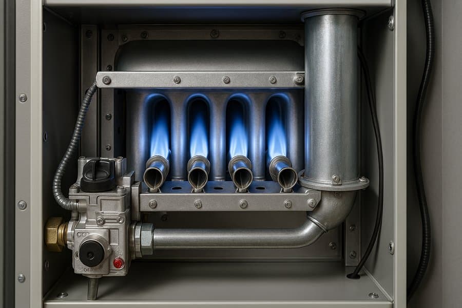 Residential furnace interior showing burner components during inspection in Huntsville, Alabama