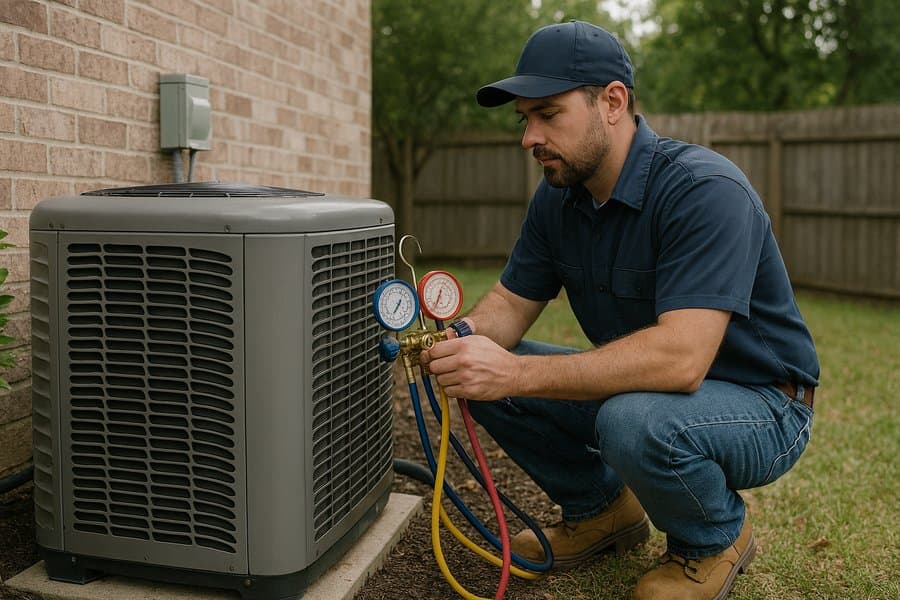 HVAC technician checking refrigerant pressure on heat pump outdoor unit in Huntsville, Alabama