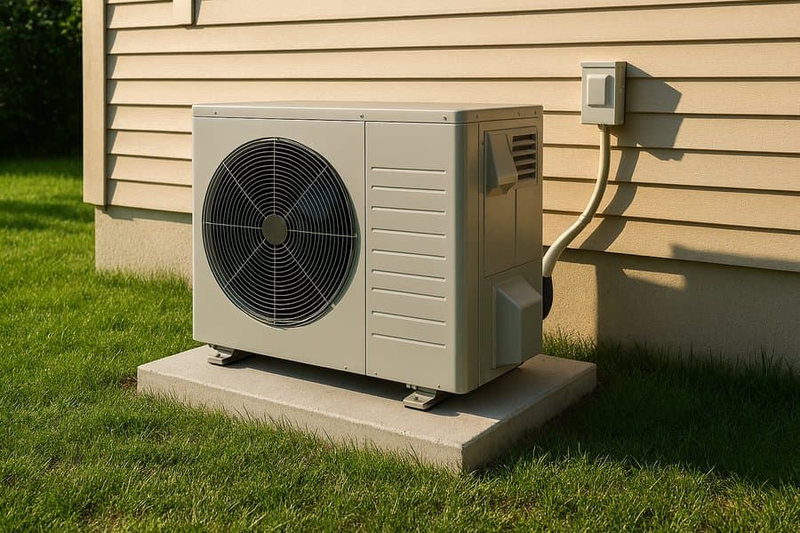 New heat pump unit installed on concrete pad beside residential home in Huntsville, Alabama