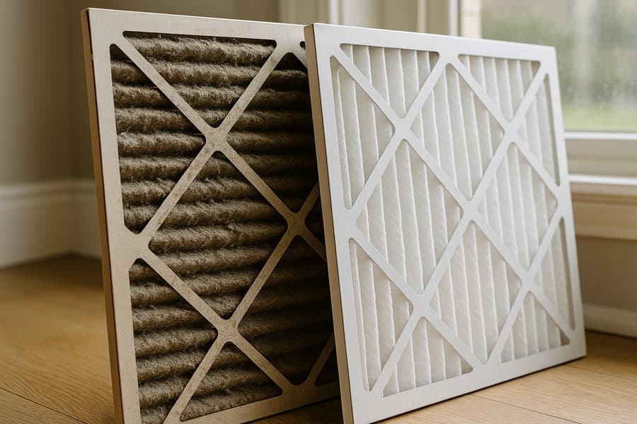 Comparison of dirty and clean HVAC air filters showing importance of regular maintenance in Huntsville, Alabama